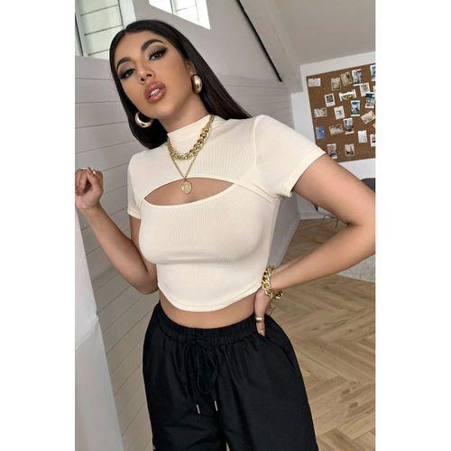 Kadın Ekru Zarif Cut-out Detaylı Premium Crop Top Bluz