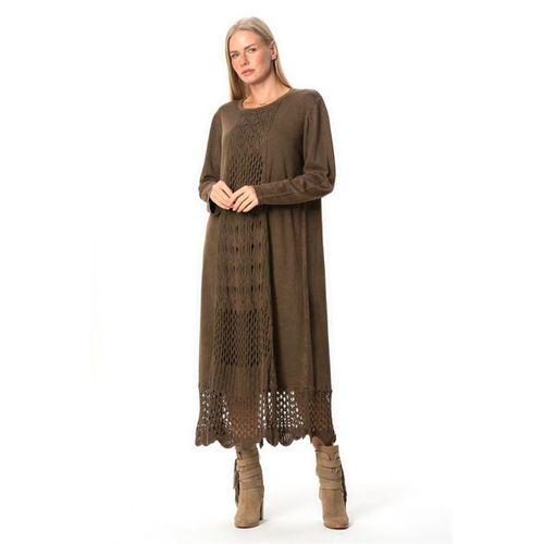 Uzun Kol Sena Etnik Desenli Sonbahar ve Kışlık Uzun Triko Elbise Kahve Khv