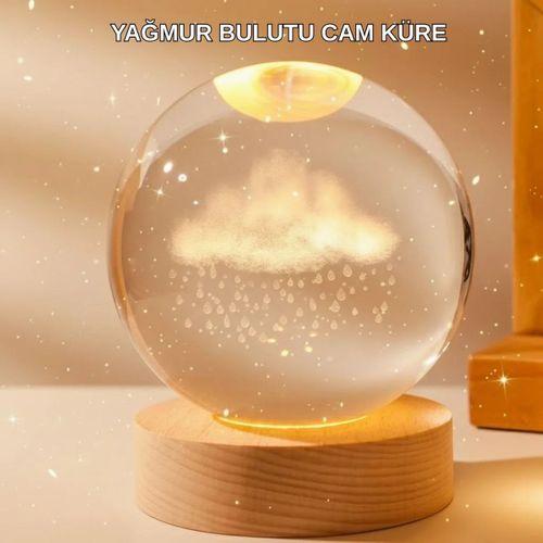 8 Cm 3d Yağmur Bulutu Kristal Küre Led Gece Lambası Ahşap Standlı Tasarım Lamba