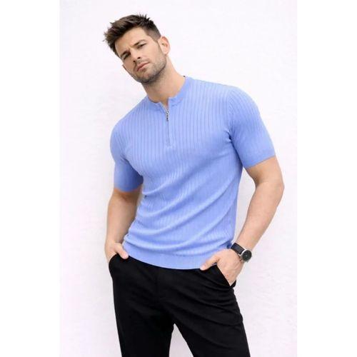 Erkek Kısa Kol Fitilli Triko T-Shirt Yazlık Hakim Yaka Tişört - Bebek Mavisi