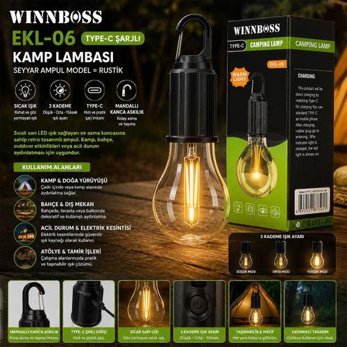 USB Şarjlı Rustik Kamp Lambası - 3 Kademe, Mandallı Askılı