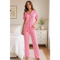 Kadın Pijama Takımı - Kiraz Desenli Kısa Kollu Gömlek Yaka Milan Kumaş, Pembe