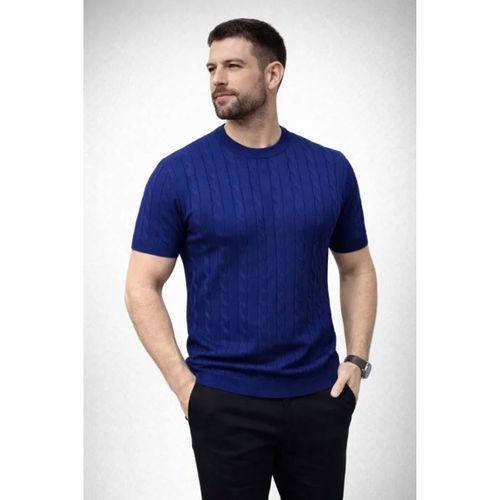 Erkek Yazlık Triko Dokuma Tişört Kısa Kol Bisiklet Yaka Örgü Desenli T-Shirt - Lacivert