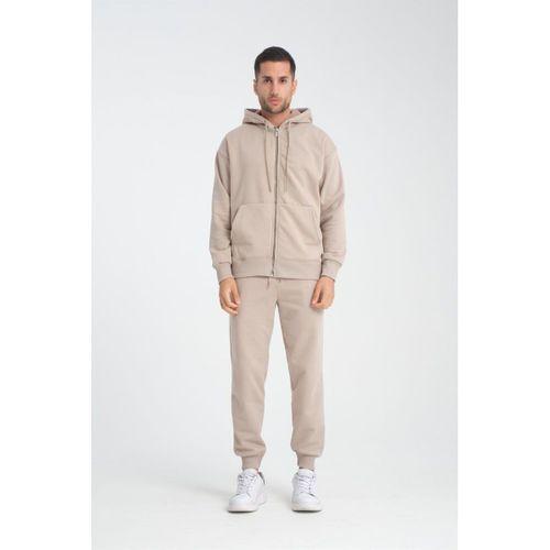 İçi Peluş Üç İplik Kumaş Oversize Fermuarlı Kapüşonlu Sweatshirt - Kum Beji