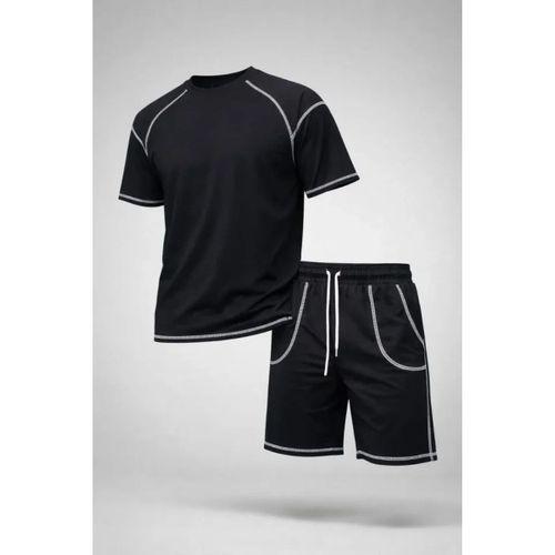 Erkek Spor Tişört Şort Takım Kontrast Dikiş Detaylı Ovarsize Rahat Kalıp - Siyah