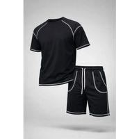 Erkek Spor Tişört Şort Takım Kontrast Dikiş Detaylı Ovarsize Rahat Kalıp - Siyah