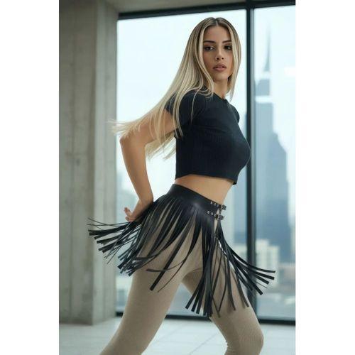 Siyah Etek Suni Deri Etek Püsküllü Mini Etek Boy - Brf1400