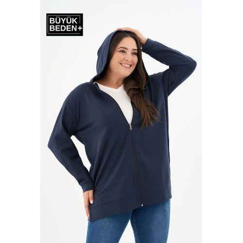 Kadın Tunik Büyük Beden Fermuarlı Kapşonlu Sweat Hırka SPR26BTK955