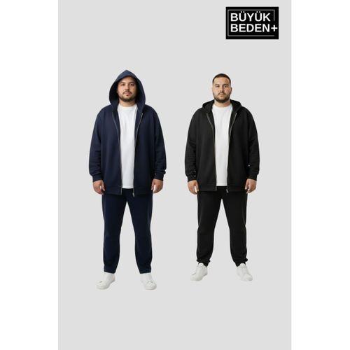 Erkek Büyük Beden Fermuarlı Kapüşonlu 2 li Set ince Sweatshirt Hırka - Rahat Kalıp SPR26BHR960+2