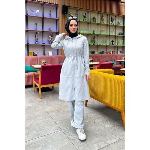 Kapşonlu Belden Bağlamalı Fermuarlı Sade Basic Uzun Tunik ve Pantolon İkili Spor Takım - 03065.008 - Gri