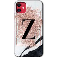 iPhone 11 Kılıf HD Desen Baskılı Arka Kapak + Temperli Cam - Pembe Mermer Desenli Z Harfi