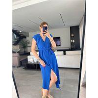 Kadınn V Yaka Düğme Detay Kuşak Dahil Elbise