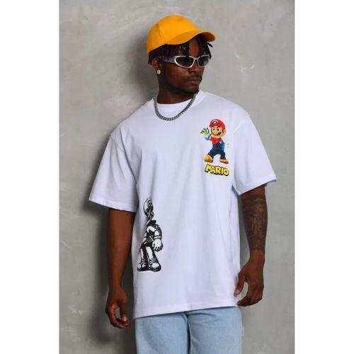 Unisex Oversize Baskılı Bisiklet Yaka T-Shirt - Beyaz