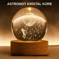 3d Astronot Kristal Küre Gece Lambası Usb Ahşap Standlı Dekoratif Işık