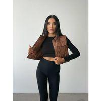 DERİ CROP YELEK - Kahverengi