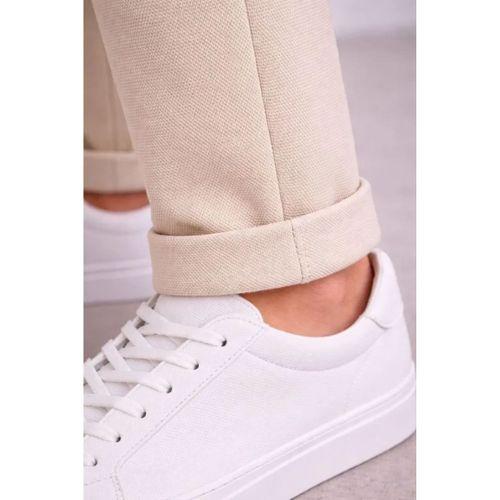 Erkek Diagonel Mikro Dokulu Duble Paça Cepli Pantolon Bağcıklı Bel, Modern Kesim - Krem