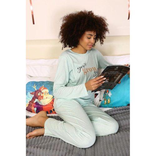Kadın Penye Uzun Kol Pijama Takım Su Yeşili
