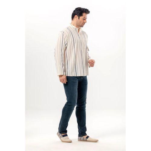 Uzun Kol Şile Bezi Tek Cepli Hakim Yaka Erkek Yazlık Tshirt Ekru Gri Çizgili 3028