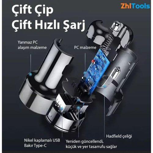 Zhltools 75W 2 Portlu USB Araç Şarj Cihazı Usb-C + Usb+A