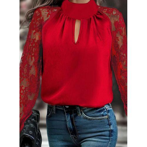 Kadın Uzun Kollu Göğüs Pencere Detay Yaka Boğazlı Kolları Tüllü Sandy Bluz