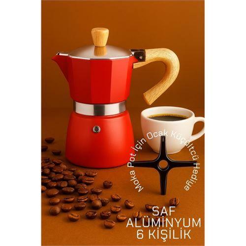 Zhltools Italyan Moka Pot - 6061 Saf Alüminyum  Ahşap Saplı - 6 kişilik KIRMIZI
