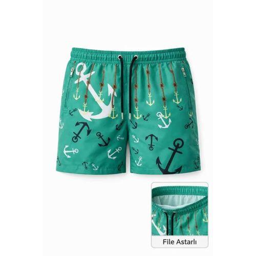 Erkek Deniz Şortu Fermuarlı Cepli File Astarlı Hızlı Kuruyan Premium - Su Yeşili