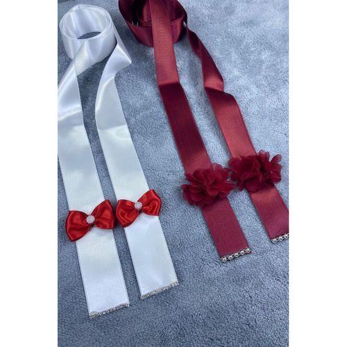 FdayAksesuar Düğün Bordo Beyaz Güllü Papyonlu Özel Tasarım Takı Kurdelesi Takı Kemeri