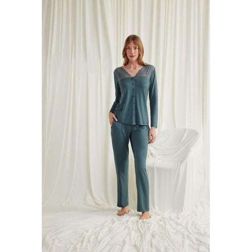 Yakası Omzu Ve Paçası Dantelli Boydan Düğmeli Pijama Takımı