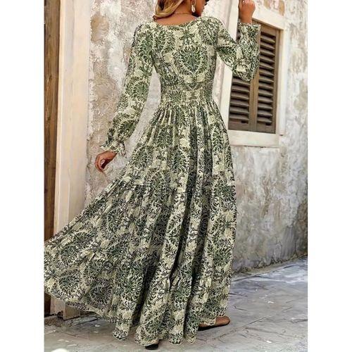 Kadın Uzun Kollu V Yakalı Desenli Süprem Elbise