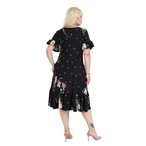 Melsay Butik Siyah Eteği Fırfırlı Sulu Pembe Çiçek Desen Cepli Kadın Elbise