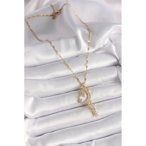 316L Çelik Gold Renk Zincir Zirkon Taşlı Hilal Yıldız Figür Sallantı Detay Kadın Kolye