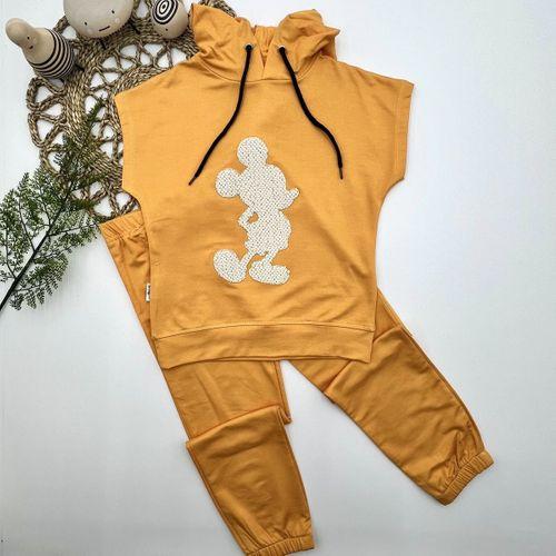 3-4-5 Yaş Kapşonlu Payetli Mickey Desenli Kısa Kol 2li Kız Erkek Çocuk Takımı Sarı