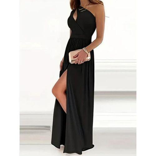 Kadın Omuzlardan Açık Asimetrik Yaka Detaylı Yırtmaçlı Maksi Boy Janjan Krep Elbise