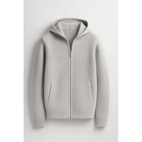 Fermuarlı Merdiven Örgü Kapüşonlu Triko Hırka/Ceket - Açıkgri