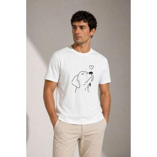 Erkek Köpek Figürlü Minimal Baskılı Tişört Kısa Kol Yazlık T-Shirt - Beyaz