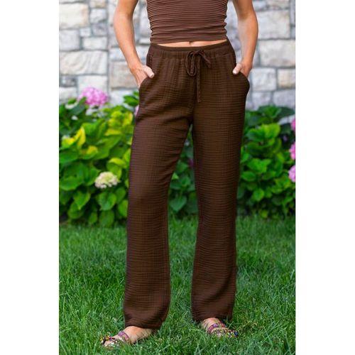Beli Lastikli Multi Çift Cepli Müslin Kadın/Erkek Unisex Yazlık Pantolon Kahve Khv