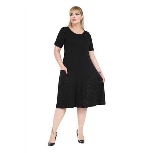 Melsay Butik Siyah Taş Baskılı Çapraz Cepli Kısa Kol Midi Elbise