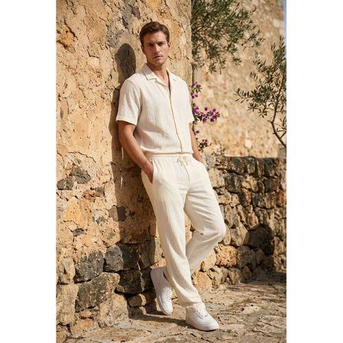 Calvert Tensel Pamuk Kumaş Çizgili Relaxed Fit Erkek Pantolon - Ekru