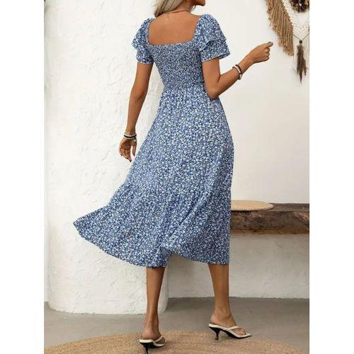 Kadın Kısa Kollu Gipe Detaylı Desenli Midi Süprem Elbise