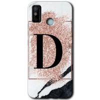 Tecno Spark 6 Go HD Baskılı Kılıf + 9D Tam Ekran Koruyucu - Pembe Mermer Desenli D Harfi