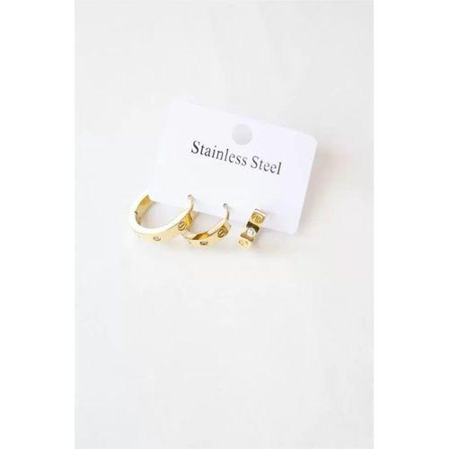 3'lü Taşlı Çelik Halka Küpe - Altın