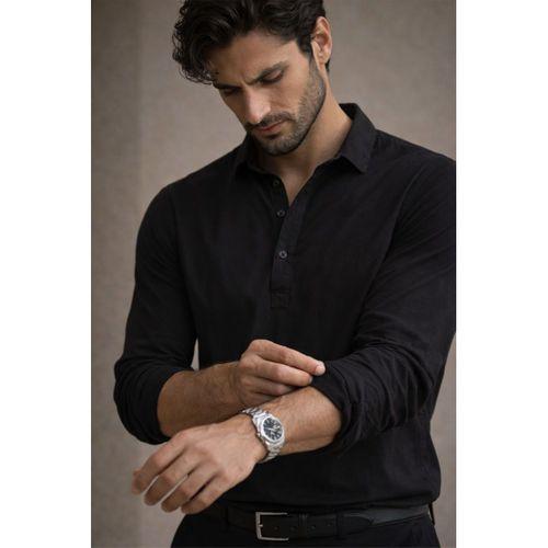 Yarım Pat Yakalı York Pamuk Kumaşlı Uzun Kollu Erkek Gömlek - Siyah