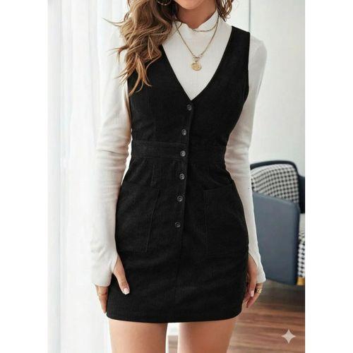Kadın Askılı V Yakalı önden Düğmeli Mini Kalın Fitilli Kadife Elbise