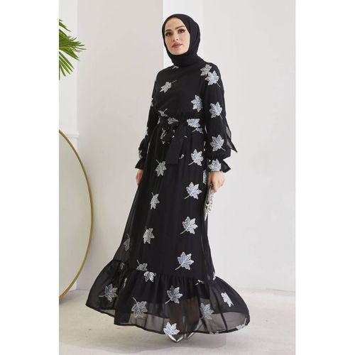 Şifon Bayan Elbise Tesettür Astarlı Yaprak Desenli Turkuaz Siyah 4515