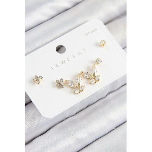 Pirinç Zirkon Taşlı Kelebek Model Gold Renk 925 Ayar Gümüş Çivi Kadın Küpe Set