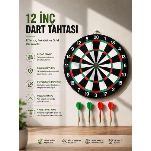 12 İnç Ahşap Dart Tahtası 4 Adet Metal Uçlu Dart Oku Dahil