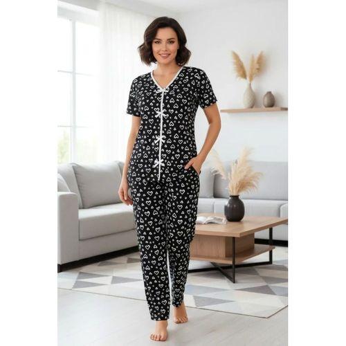 Kadın Siyah Beyaz Kalp Desenli Kısa Kollu Şık Pijama Takımı