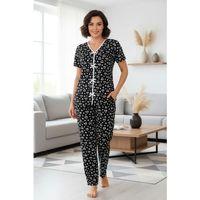 Kadın Siyah Beyaz Kalp Desenli Kısa Kollu Şık Pijama Takımı