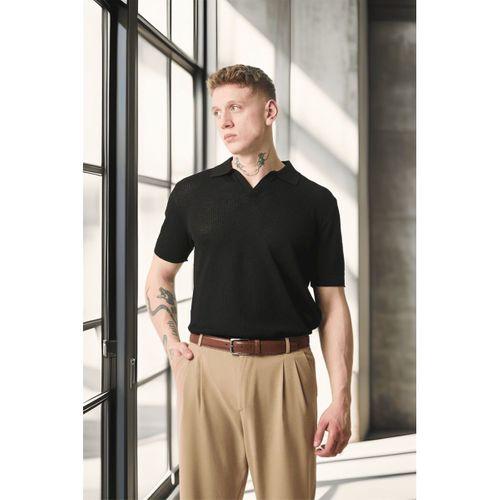 Örme Desenli Viskon Polo Yaka Triko Erkek T-Shirt - Siyah
