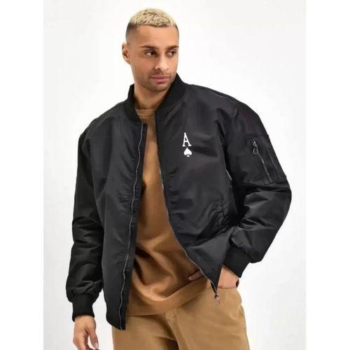 Unisex Uzun Kol Baskılı Bomber Ceket - Siyah